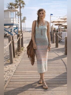 Revolve 525 America Rainbow Sweater Midi Dress NWT Pastel Knit Bodycon runs big.